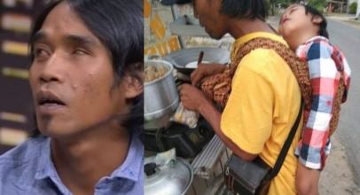 VIRAL! Kisah Haru Pedagang Siomay Yang Berjualan Sambil Menggendong Anaknya