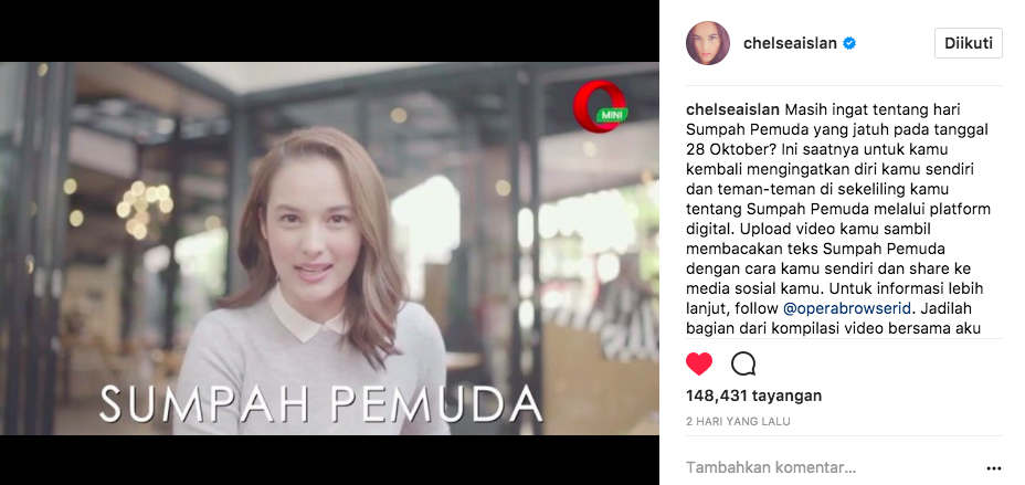 Opera dan Chelsea Islan Ajak Kaum Milenial Ikrarkan Sumpah Pemuda via Internet